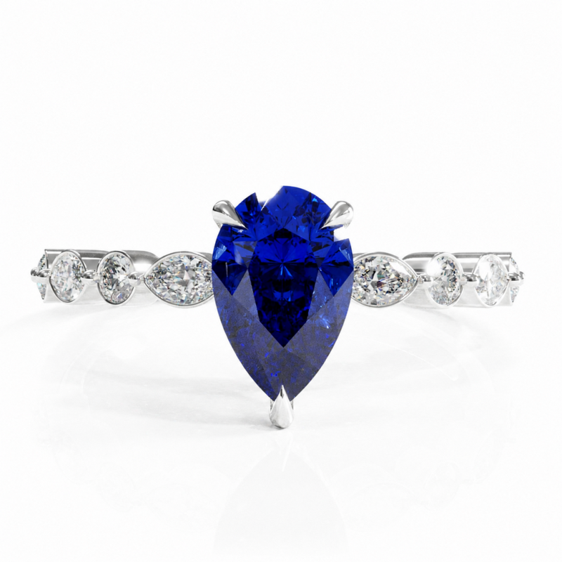 Pear Cut Lab Grown Sapphire Hidden Halo Side Stone Engagement Ring - Image 3