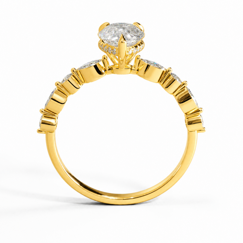 Pear Cut Moissanite Hidden Halo Side Stone Engagement Ring - Image 4