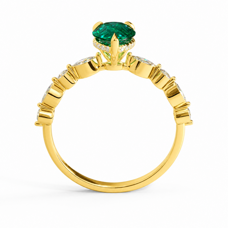 Pear Cut Lab Grown Emerald Hidden Halo Side Stone Engagement Ring - Image 4