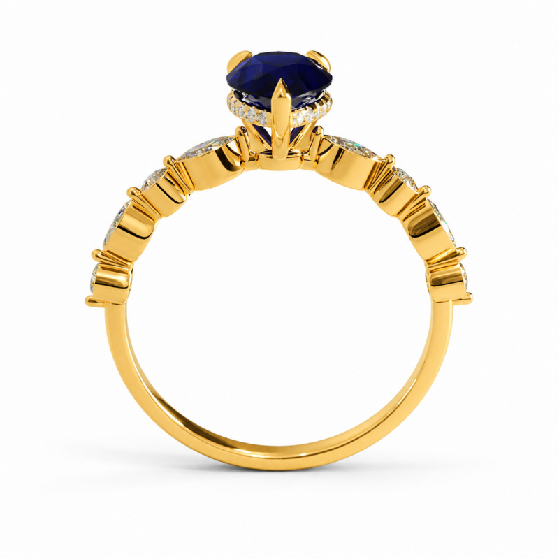 Pear Cut Lab Grown Sapphire Hidden Halo Side Stone Engagement Ring - Image 4