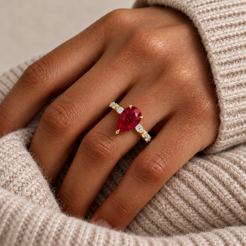 Pear Cut Lab Grown Ruby Hidden Halo Side Stone Engagement Ring - Image 5