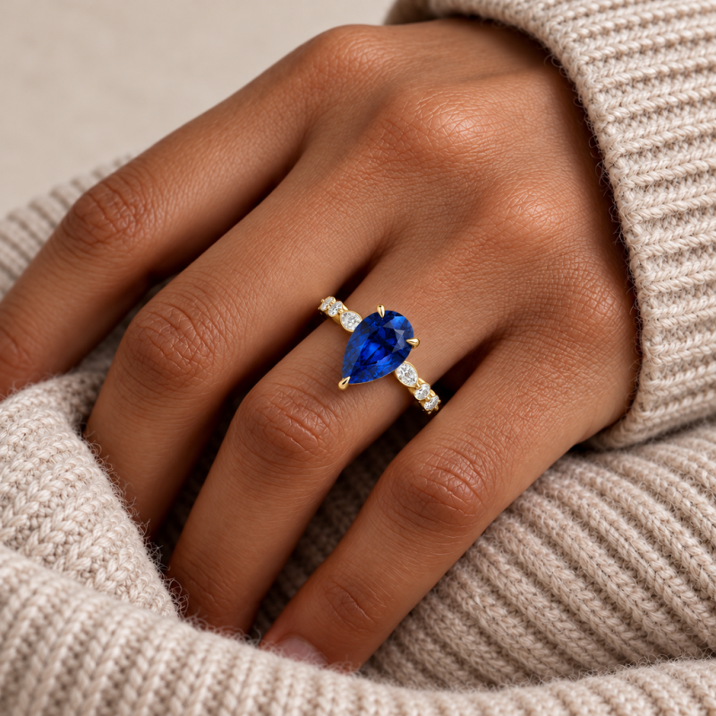 Pear Cut Lab Grown Sapphire Hidden Halo Side Stone Engagement Ring - Image 5