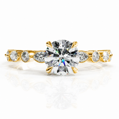 Round Cut Moissanite Hidden Halo Side Stone Engagement Ring