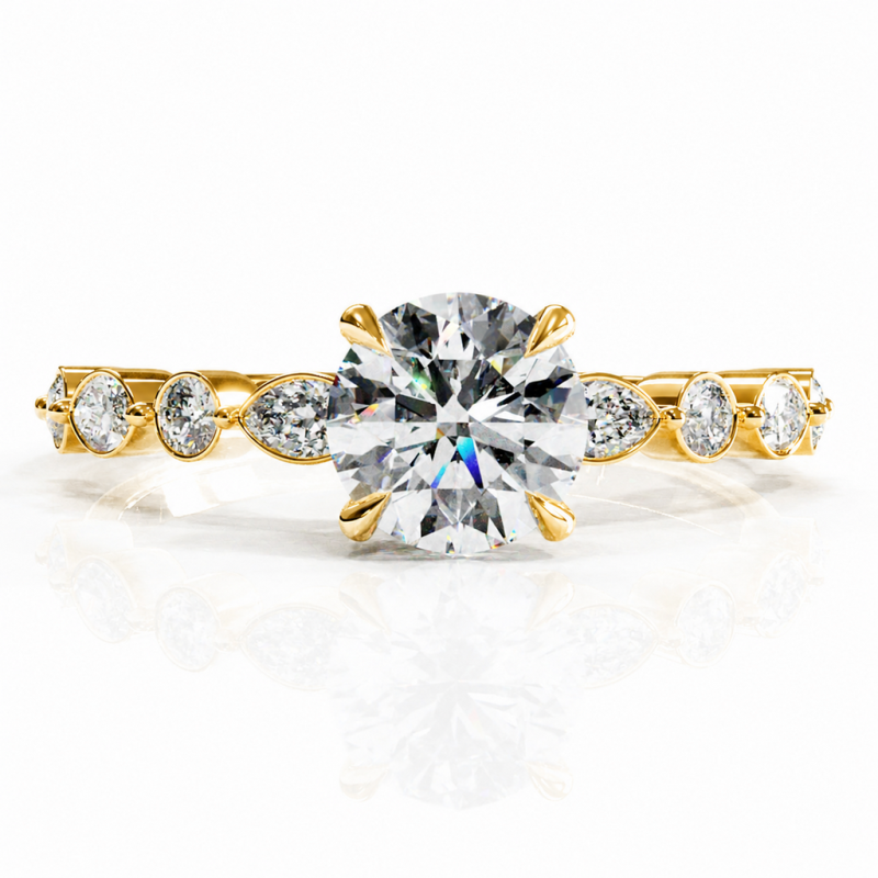 Round Cut Moissanite Hidden Halo Side Stone Engagement Ring - Image 1