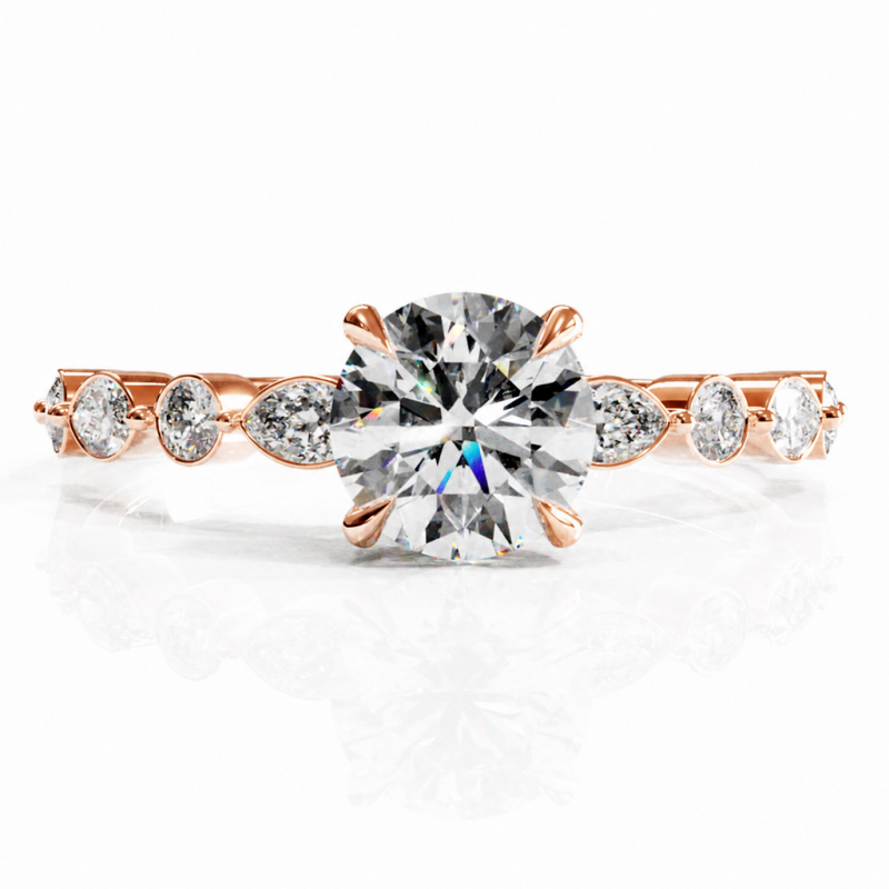 Round Cut Moissanite Hidden Halo Side Stone Engagement Ring - Image 2