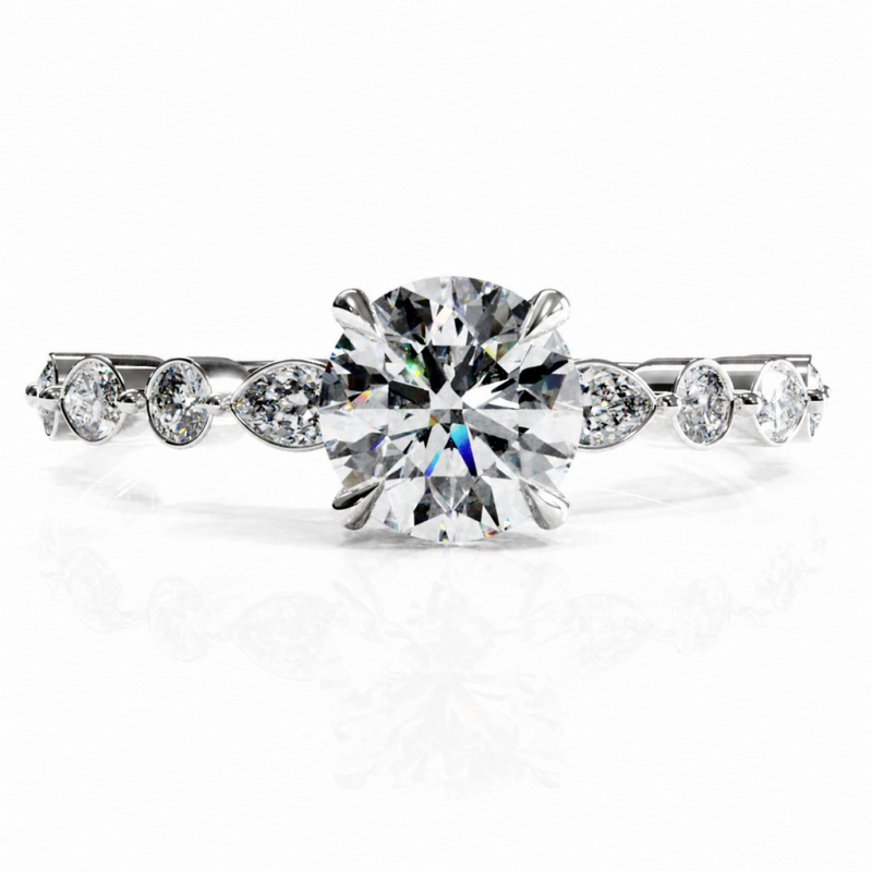 Round Cut Moissanite Hidden Halo Side Stone Engagement Ring - Image 3