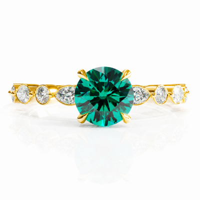 Round Cut Lab Grown Emerald Hidden Halo Side Stone Engagement Ring