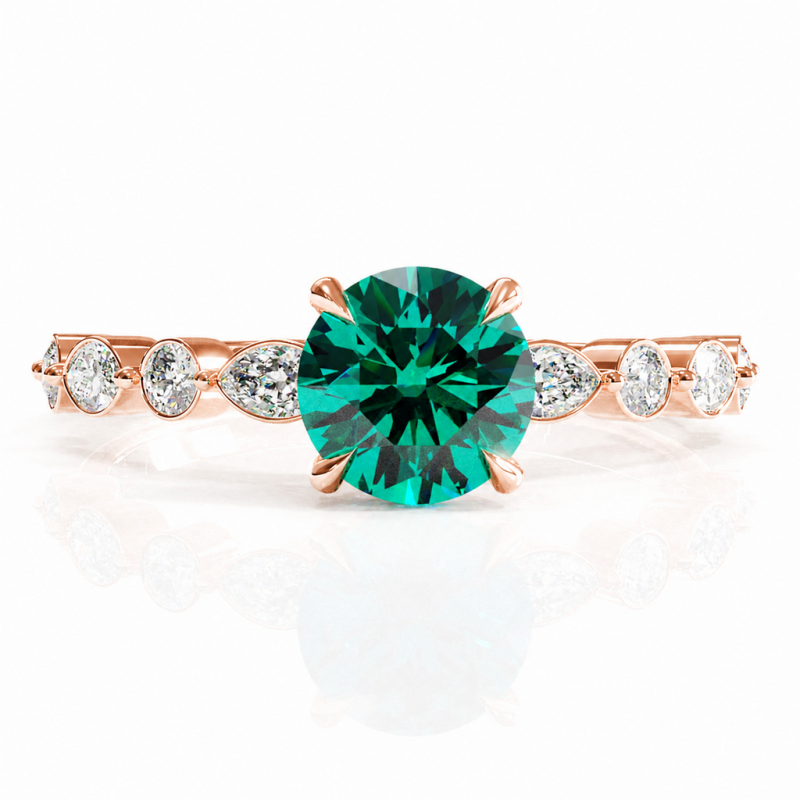 Round Cut Lab Grown Emerald Hidden Halo Side Stone Engagement Ring - Image 2