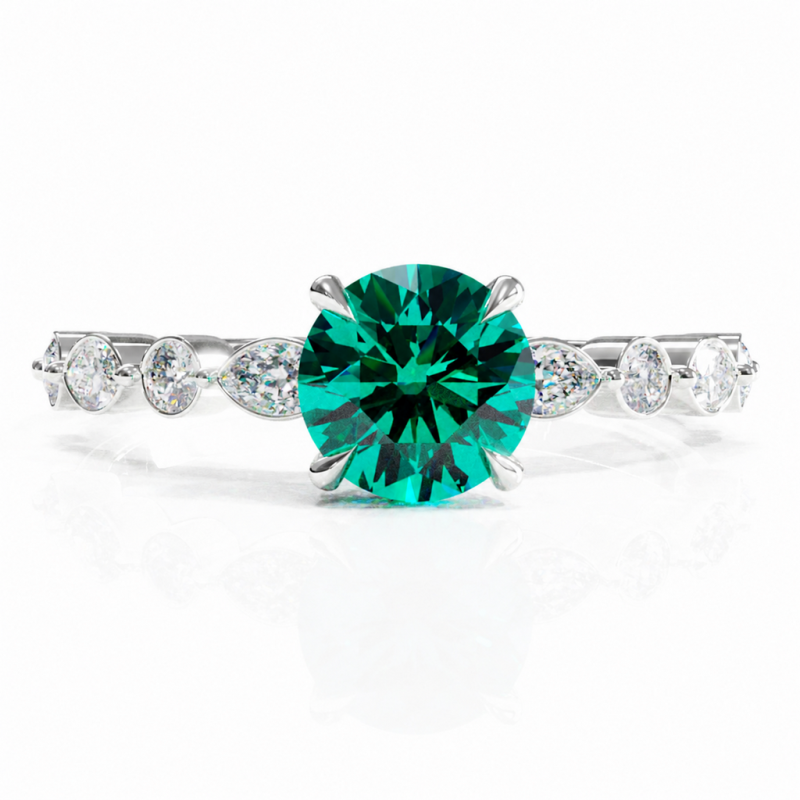 Round Cut Lab Grown Emerald Hidden Halo Side Stone Engagement Ring - Image 3