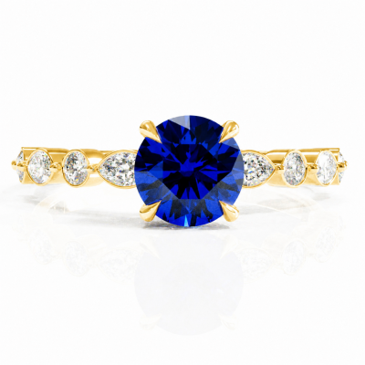 Round Cut Lab Grown Sapphire Hidden Halo Side Stone Engagement Ring
