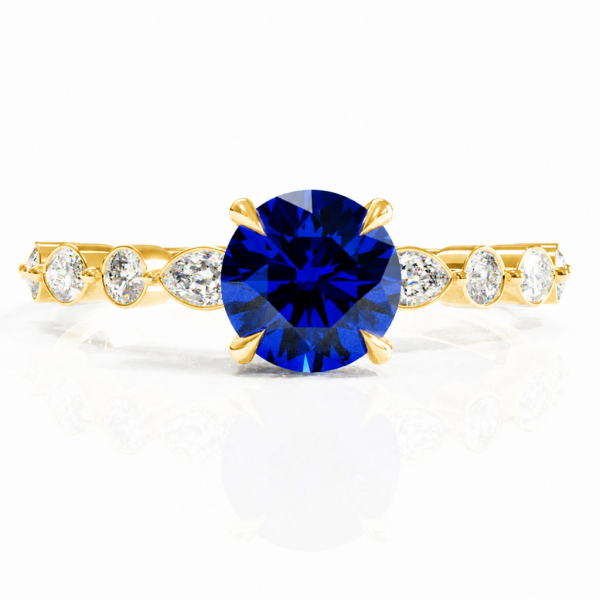 Round Cut Lab Grown Sapphire Hidden Halo Side Stone Engagement Ring