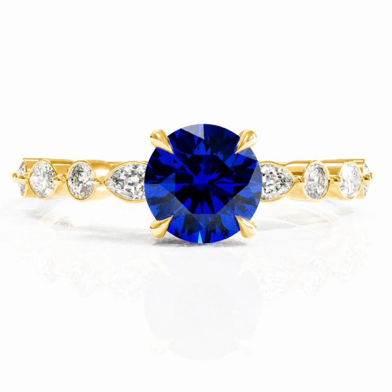 Round Cut Lab Grown Sapphire Hidden Halo Side Stone Engagement Ring - Image 1