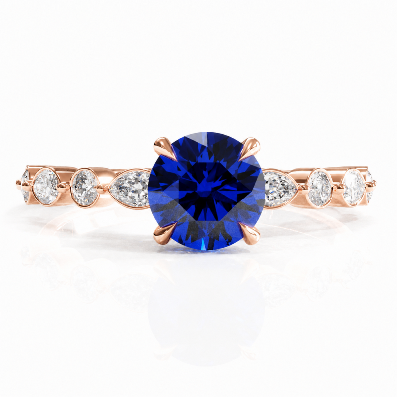 Round Cut Lab Grown Sapphire Hidden Halo Side Stone Engagement Ring - Image 2