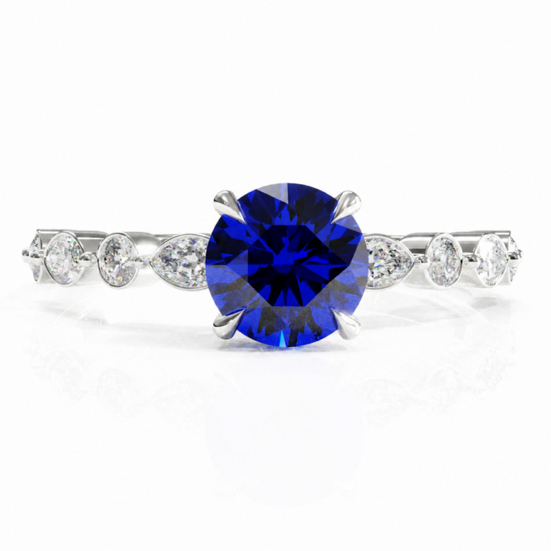 Round Cut Lab Grown Sapphire Hidden Halo Side Stone Engagement Ring - Image 3