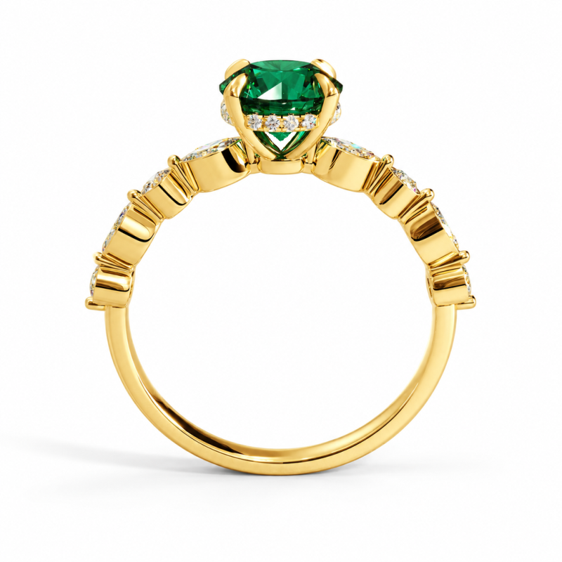 Round Cut Lab Grown Emerald Hidden Halo Side Stone Engagement Ring - Image 4
