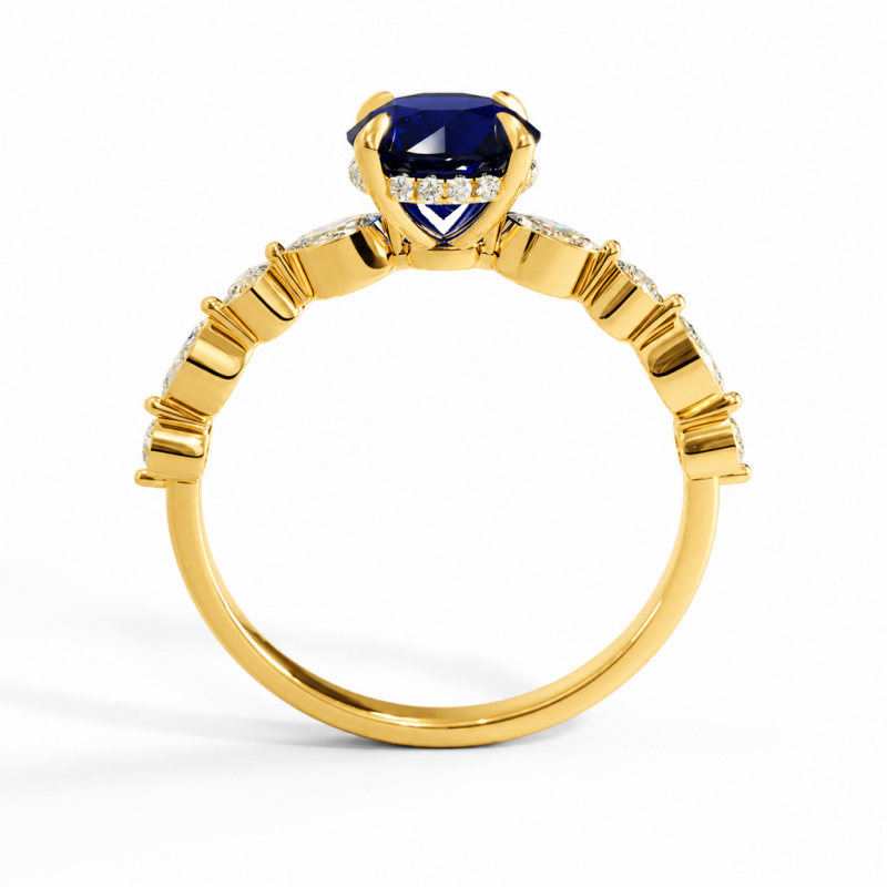 Round Cut Lab Grown Sapphire Hidden Halo Side Stone Engagement Ring - Image 4