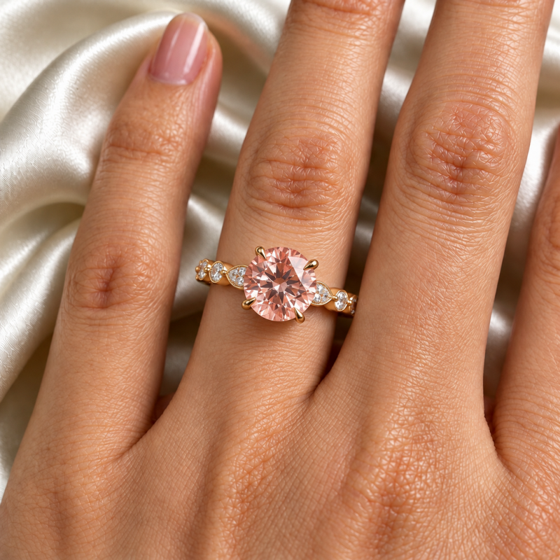 Round Cut Lab Grown Morganite Hidden Halo Side Stone Engagement Ring - Image 5