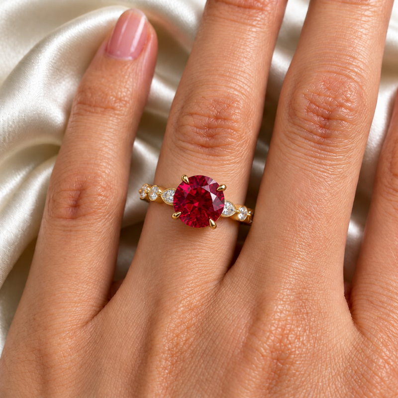 Round Cut Lab Grown Ruby Hidden Halo Side Stone Engagement Ring - Image 5
