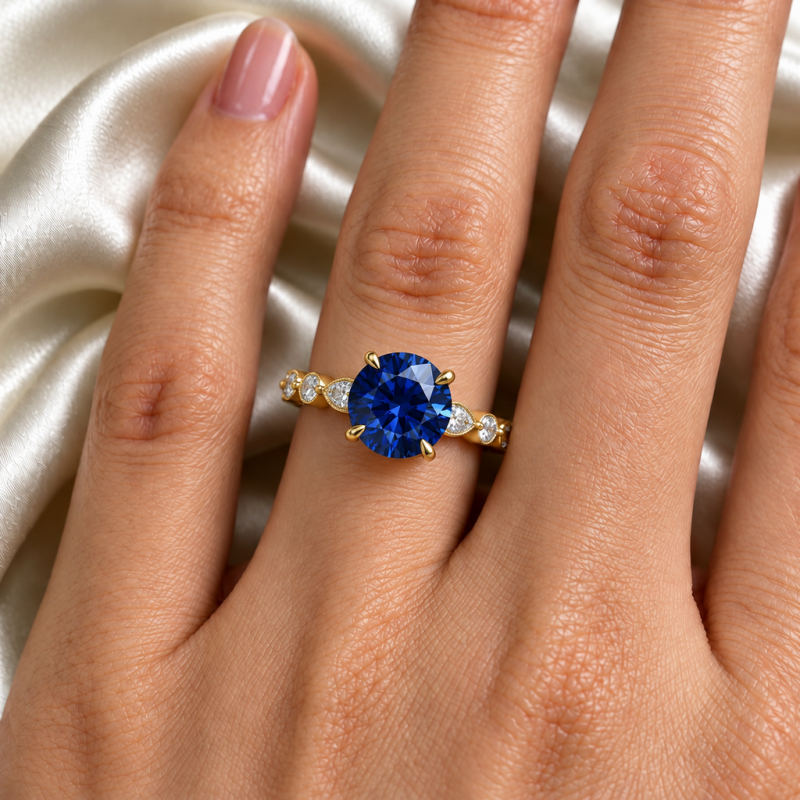 Round Cut Lab Grown Sapphire Hidden Halo Side Stone Engagement Ring - Image 5