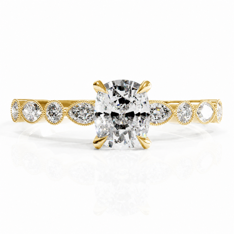 Elongated Cushion Cut Moissanite Hidden Halo Side Stone Engagement Ring - Image 1