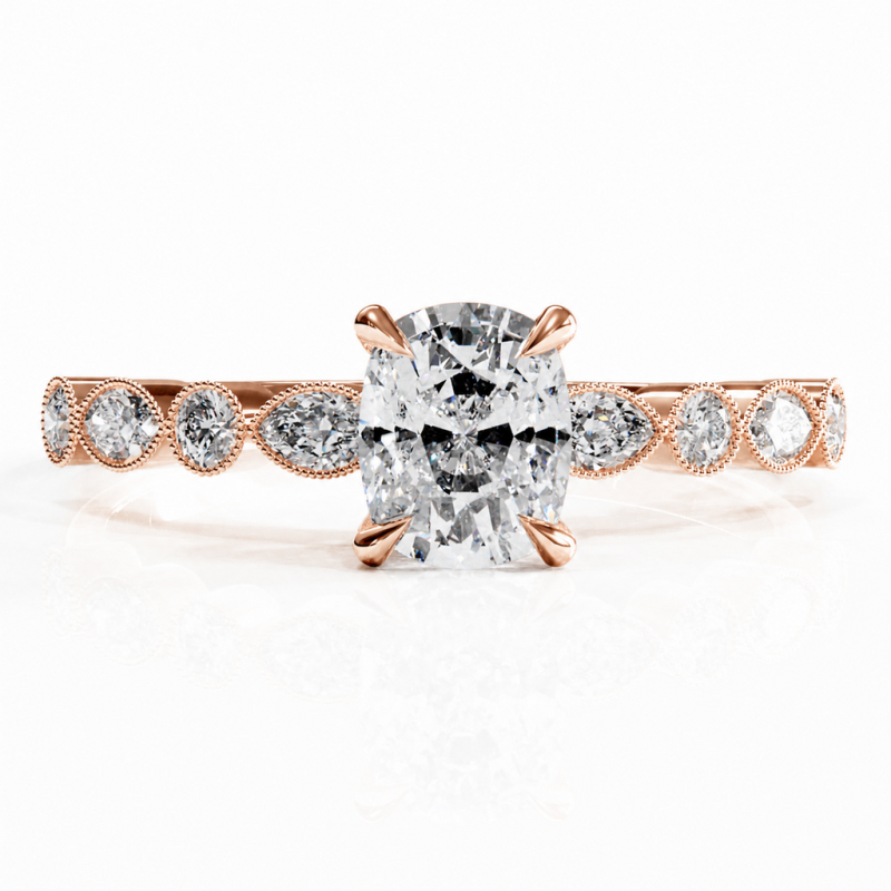 Elongated Cushion Cut Moissanite Hidden Halo Side Stone Engagement Ring - Image 2