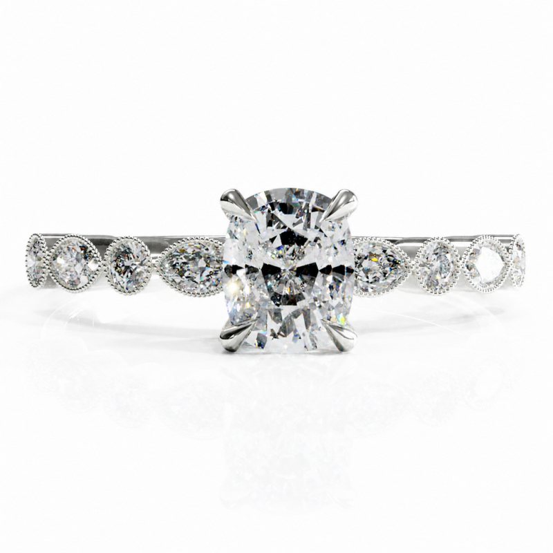 Elongated Cushion Cut Moissanite Hidden Halo Side Stone Engagement Ring - Image 3