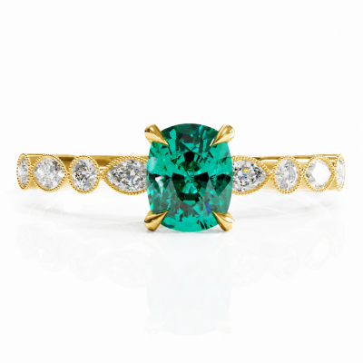 Elongated Cushion Cut Lab Grown Emerald Hidden Halo Side Stone Engagement Ring