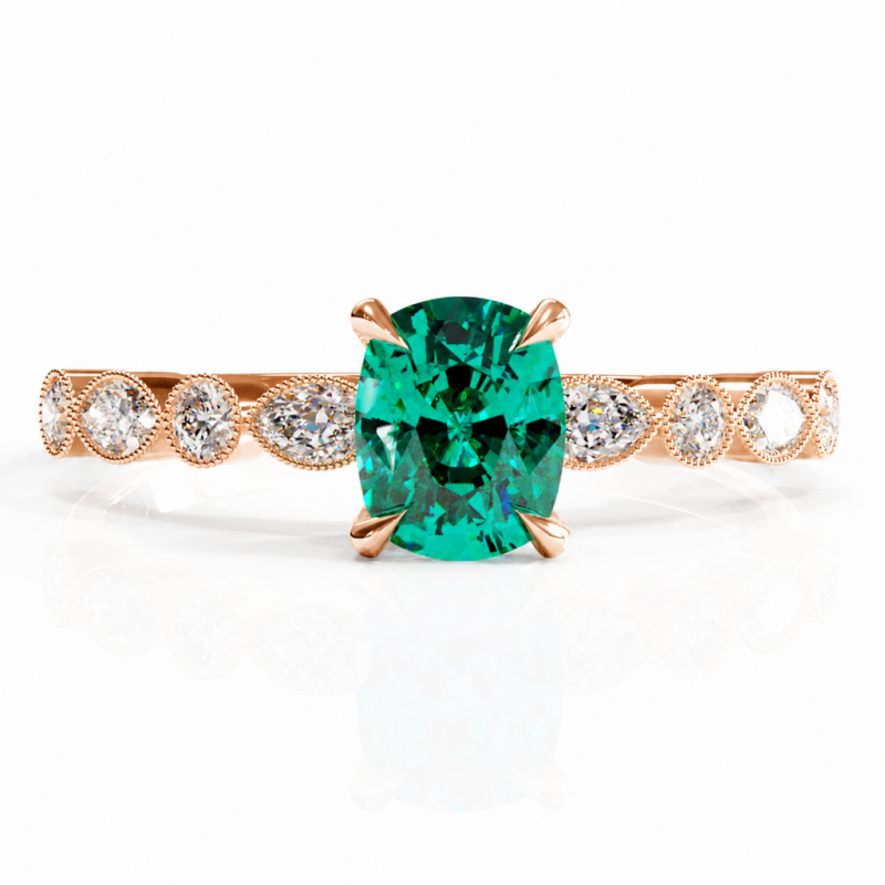 Elongated Cushion Cut Lab Grown Emerald Hidden Halo Side Stone Engagement Ring - Image 2