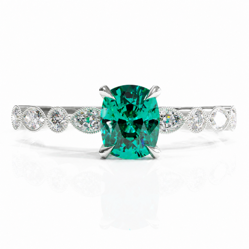 Elongated Cushion Cut Lab Grown Emerald Hidden Halo Side Stone Engagement Ring - Image 3