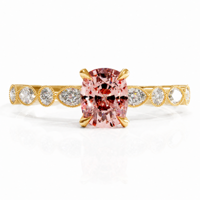Elongated Cushion Cut Lab Grown Morganite Hidden Halo Side Stone Engagement Ring