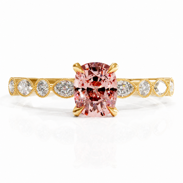 Elongated Cushion Cut Lab Grown Morganite Hidden Halo Side Stone Engagement Ring