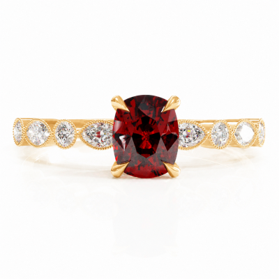 Elongated Cushion Cut Lab Grown Ruby Hidden Halo Side Stone Engagement Ring