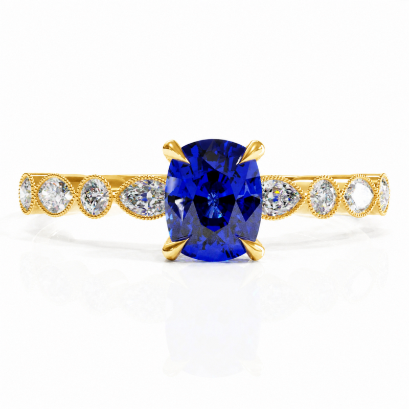 Elongated Cushion Cut Lab Grown Sapphire Hidden Halo Side Stone Engagement Ring - Image 1