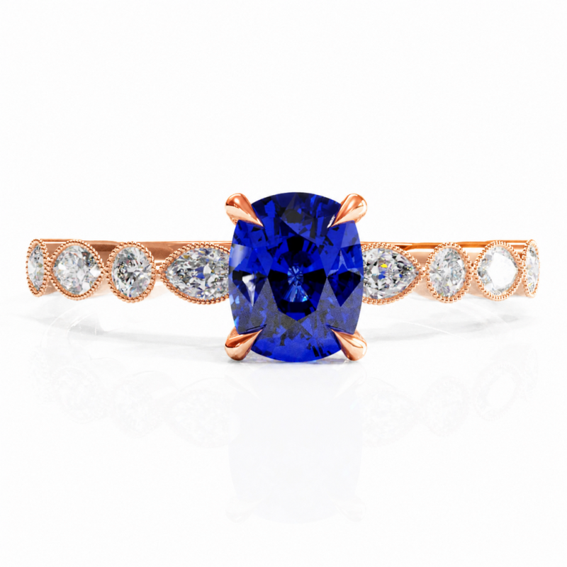 Elongated Cushion Cut Lab Grown Sapphire Hidden Halo Side Stone Engagement Ring - Image 2