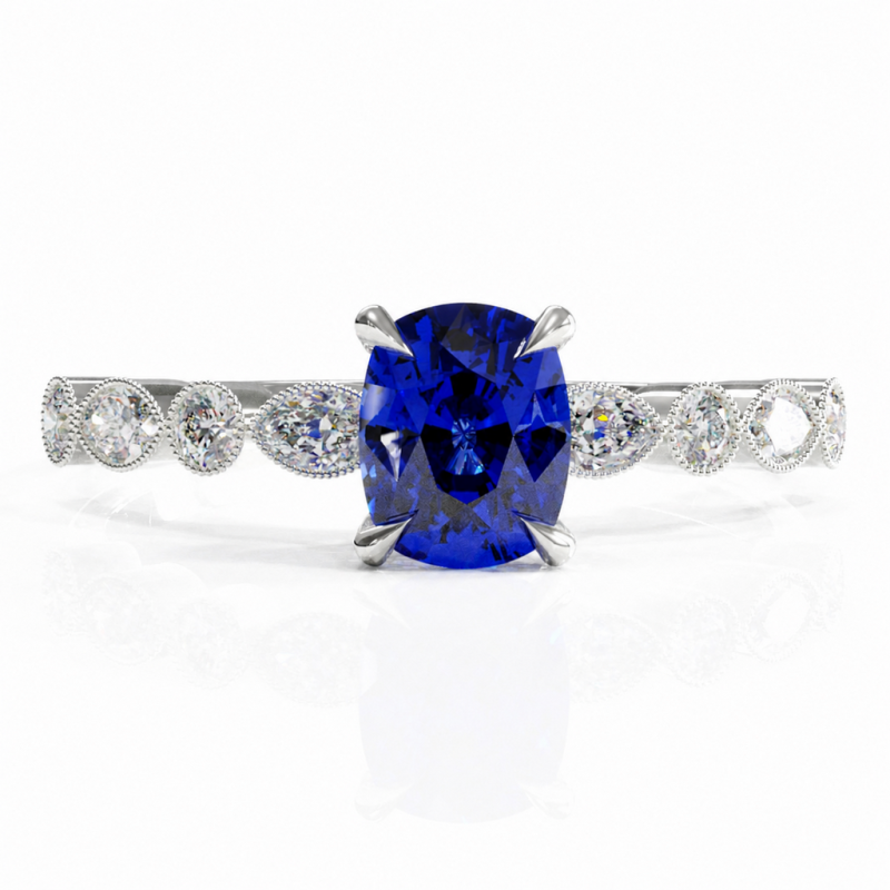 Elongated Cushion Cut Lab Grown Sapphire Hidden Halo Side Stone Engagement Ring - Image 3