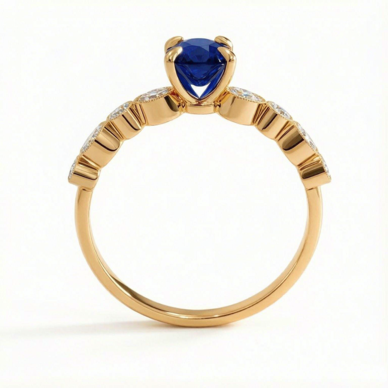 Elongated Cushion Cut Lab Grown Sapphire Hidden Halo Side Stone Engagement Ring - Image 4