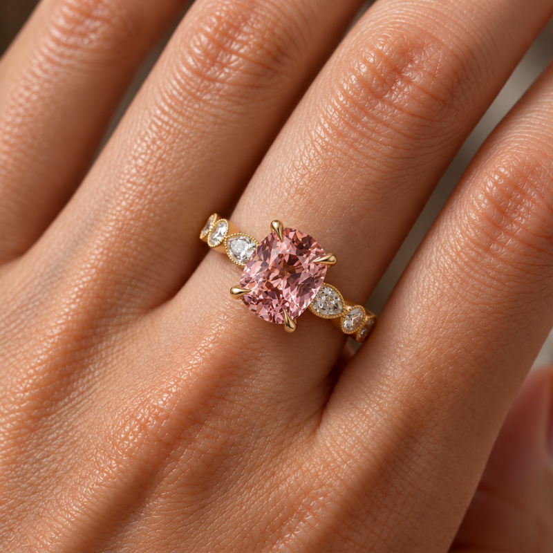 Elongated Cushion Cut Lab Grown Morganite Hidden Halo Side Stone Engagement Ring - Image 5