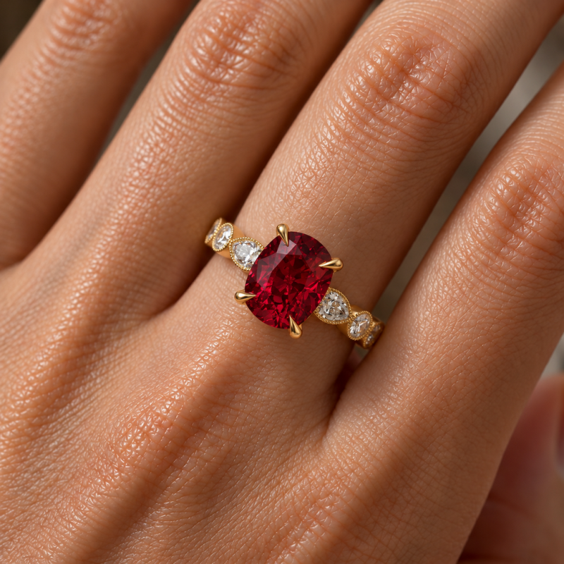 Elongated Cushion Cut Lab Grown Ruby Hidden Halo Side Stone Engagement Ring - Image 5