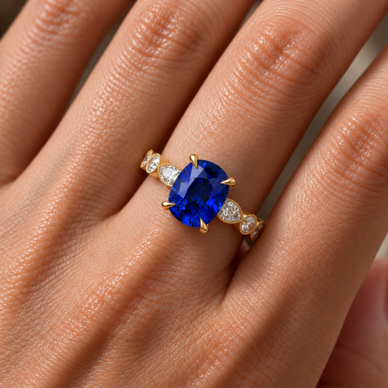 Elongated Cushion Cut Lab Grown Sapphire Hidden Halo Side Stone Engagement Ring - Image 5