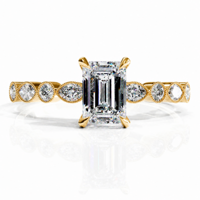 Emerald Cut Moissanite Hidden Halo Side Stone Engagement Ring