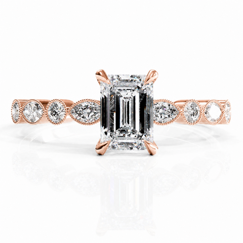 Emerald Cut Moissanite Hidden Halo Side Stone Engagement Ring - Image 2
