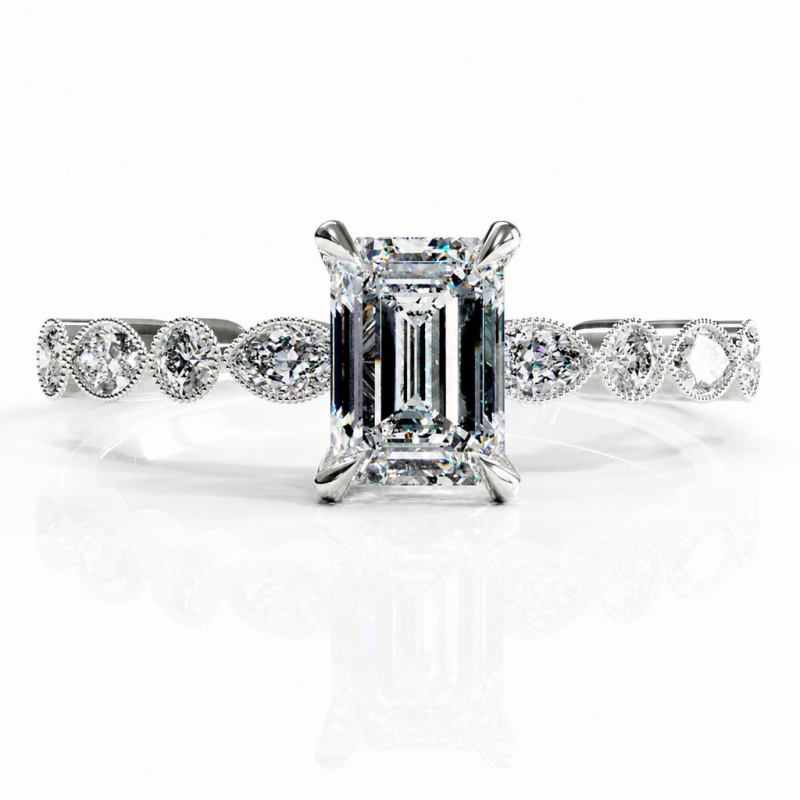 Emerald Cut Moissanite Hidden Halo Side Stone Engagement Ring - Image 3