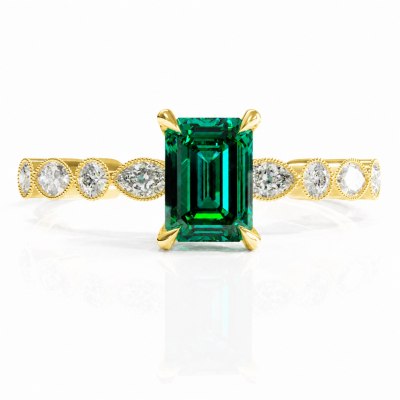 Emerald Cut Lab Grown Emerald Hidden Halo Side Stone Engagement Ring