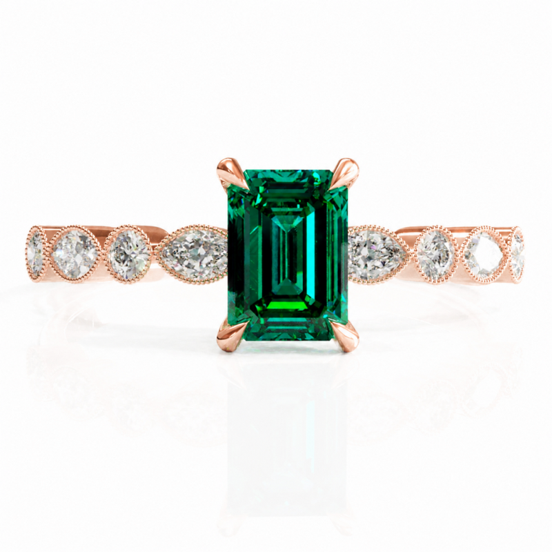 Emerald Cut Lab Grown Emerald Hidden Halo Side Stone Engagement Ring - Image 2