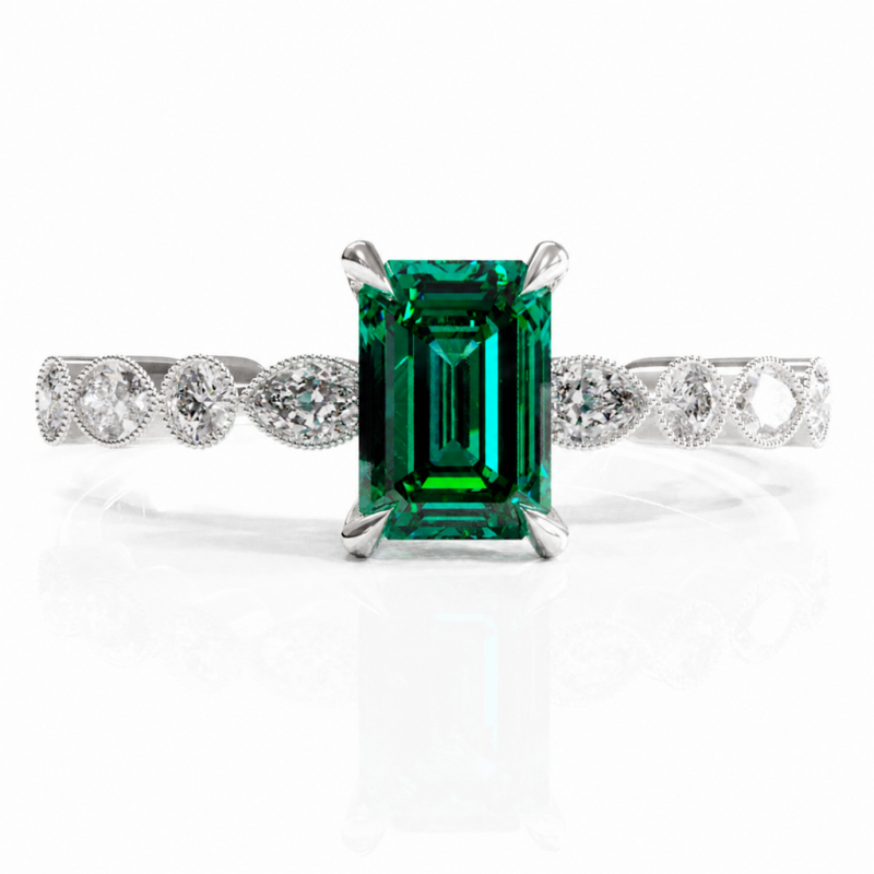 Emerald Cut Lab Grown Emerald Hidden Halo Side Stone Engagement Ring - Image 3