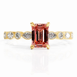 Emerald Cut Lab Grown Morganite Hidden Halo Side Stone Engagement Ring