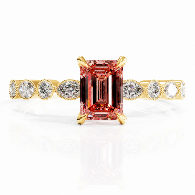 Emerald Cut Lab Grown Morganite Hidden Halo Side Stone Engagement Ring