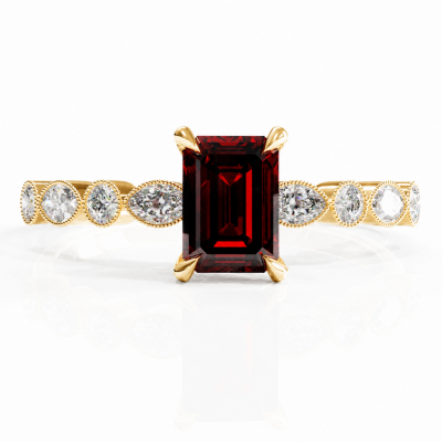 Emerald Cut Lab Grown Ruby Hidden Halo Side Stone Engagement Ring