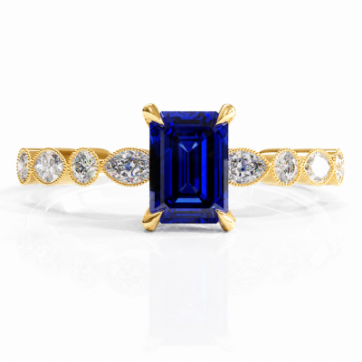 Emerald Cut Lab Grown Sapphire Hidden Halo Side Stone Engagement Ring