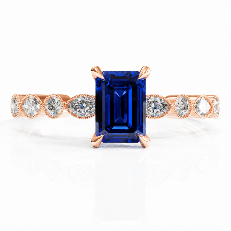 Emerald Cut Lab Grown Sapphire Hidden Halo Side Stone Engagement Ring - Image 2